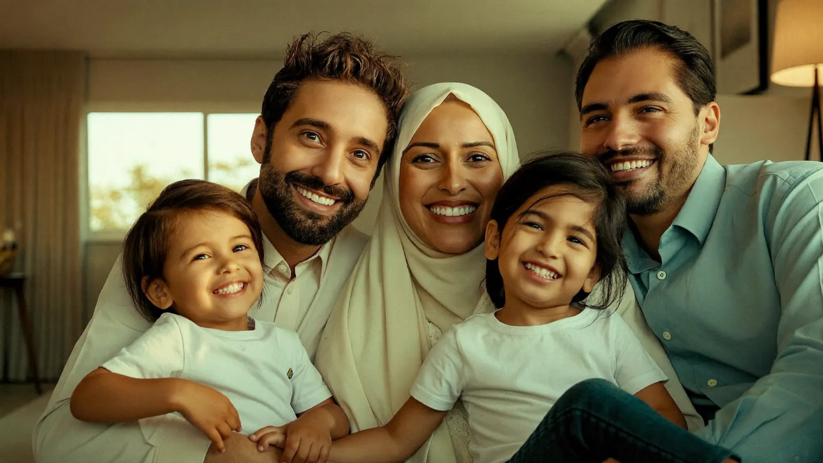 عائلة عراقية مجتمعة في المنزل يبتسمون — تحت رعاية سجلّ صحي واحد موحّد